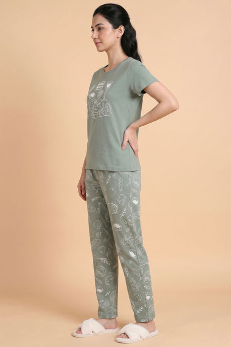 Zivame Breakfast Story Knit Cotton Pyjama Set - Iceberg Green — image 2